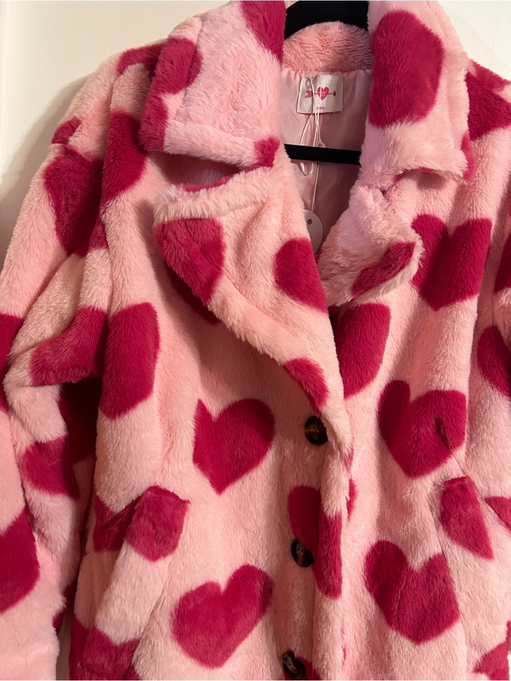 Buddy Love Pink Faux Fur Coat with Dark Pink Heart Print - Picture 7 of 10